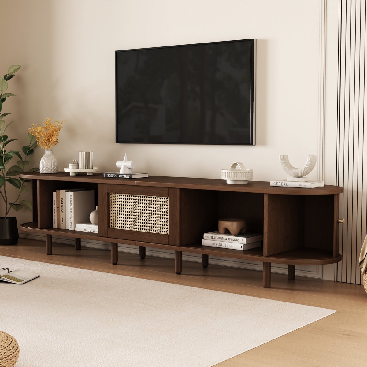 MIVRAY Televisiemeubel - Ovale Kast Met Rotanlook En Schuifdeuren - Opbergen Voor Woonkamer - MDF - Eikenkleur - 180x40x40 Cm