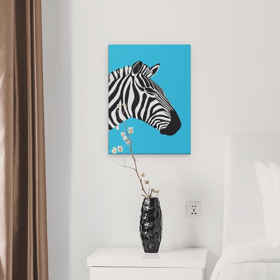 Artaza Canvas Schilderij Zebra Kop - 30x40 cm - Wanddecoratie Dieren - Muurdecoratie Grafisch - Schilderijen Op Canvas - Blauw