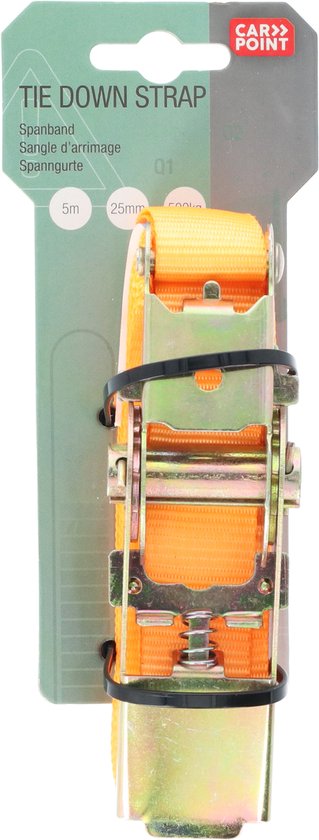 Oranje spanband met ratel, 5m, 25mm, 500kg, op verpakking.