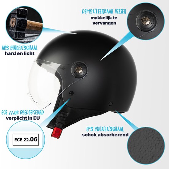 VINZ Duoro Casque Jet avec Visière / Casque de Scooter / Casque de Scooter Moustache - Zwart Mat
