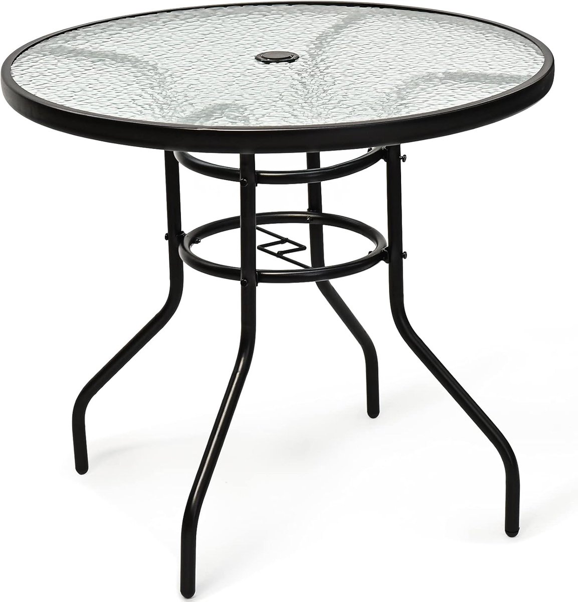 KOMFOTTEU Ronde tuintafel φ80cm, bistrotafel van metalen frame en glas, balkontafel met parasolgat, glazen tafel, bijzettafel, koffietafel, weerbestendig voor binnen en buiten