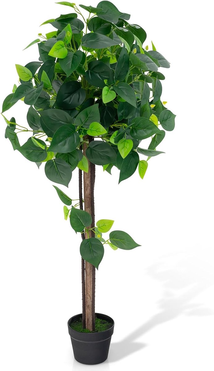 KOMFOTTEU 114 cm Kunstmatige potboom, kunstzijde, binnenplant met donkergroene hortensiabladeren, stam, PE-rotan, mos, kunstboom voor kantoor, thuis
