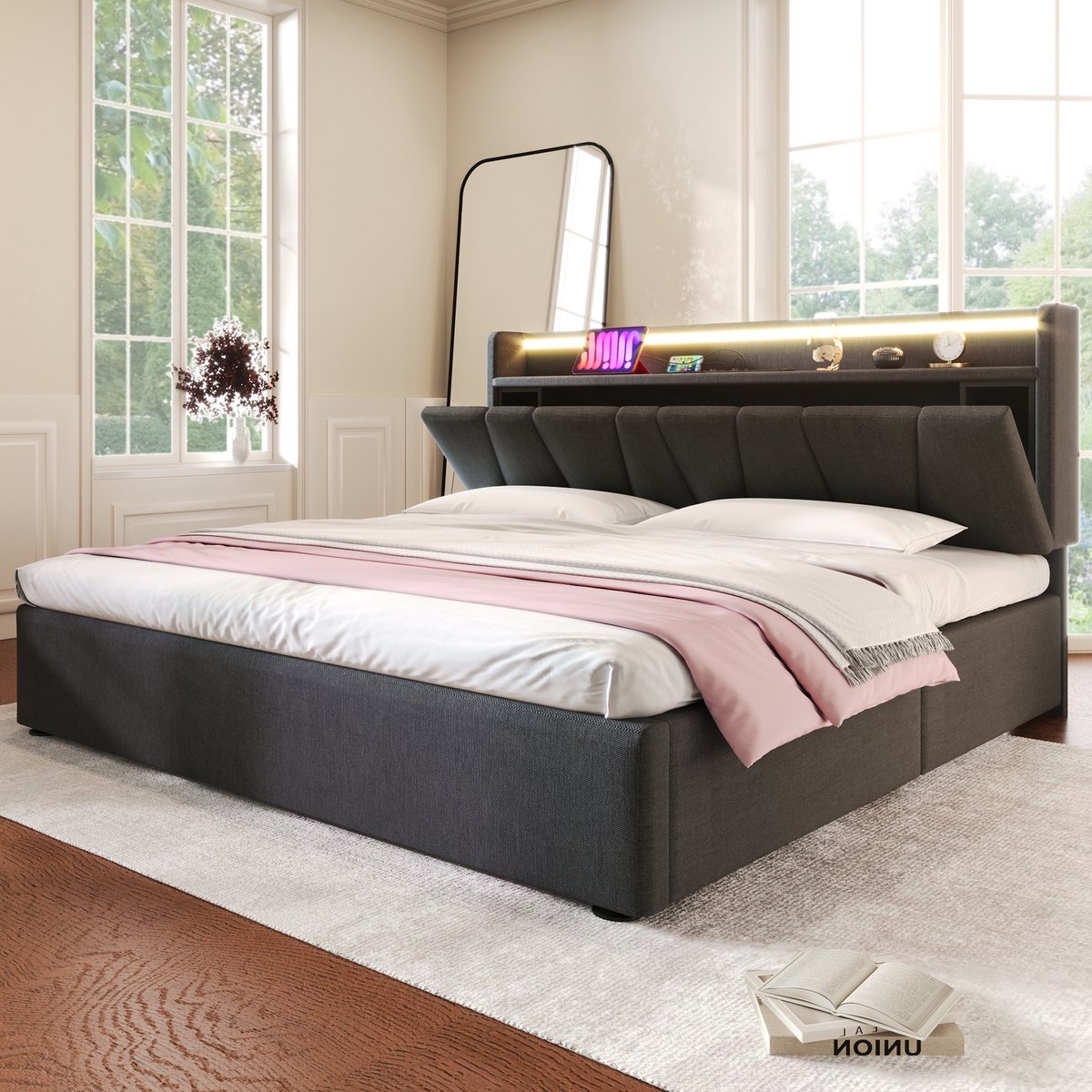 MIVRAY Gestoffeerd Bed 140x200 Cm - Hoofdbord Met Opbergruimte En Stopcontacten - Led Verlichting Met App - Linnen - Grijs - Zonder Matras