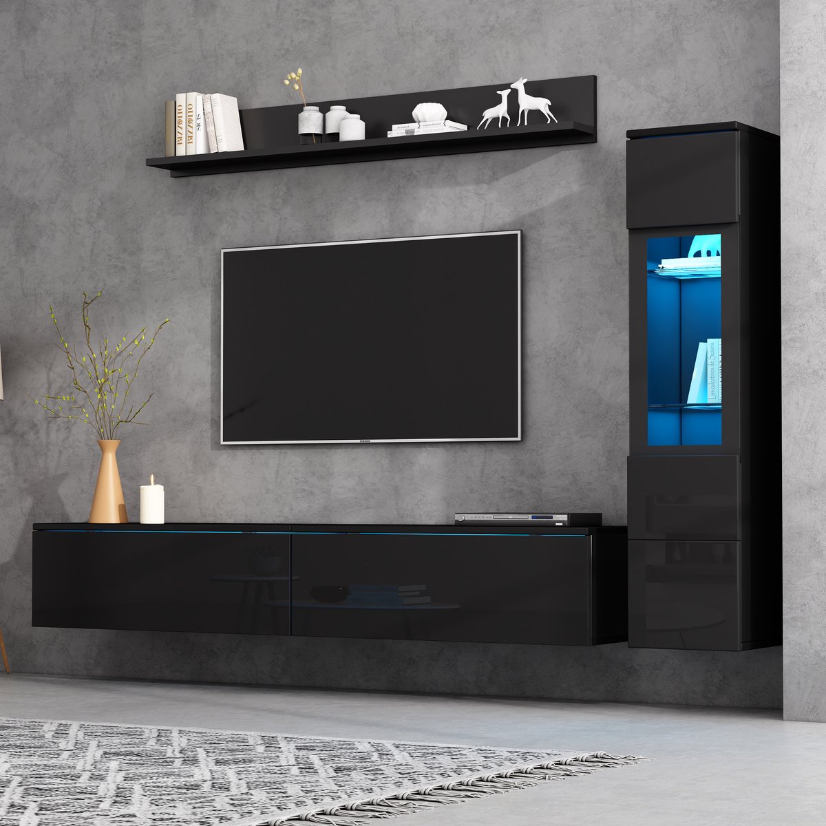 Wandmeubel-set - 3-delig - LED en Hoogglans - Met Vitrine en Wandplank - Hout - Zwart