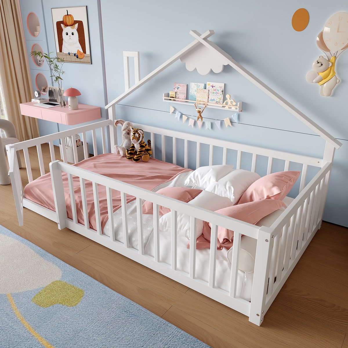 MODFU Ledikant 90x190 cm van dennenhout en MDF – wit – huisvormig ontwerp met reling en slot – kindvriendelijk