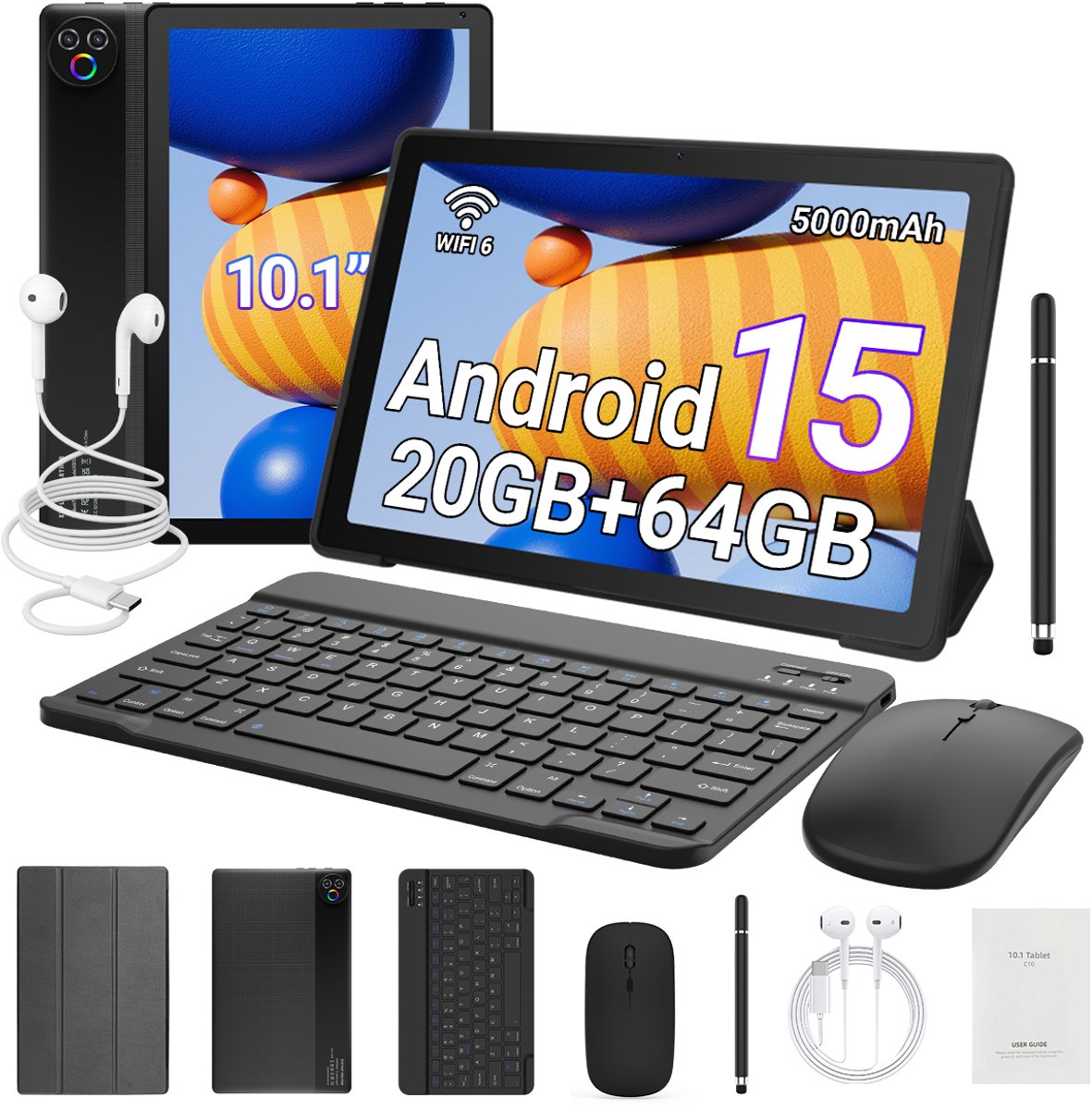 Hotlight KB1001L - Android 15 Tablet - 10.1 inch - 20(3+17)GB RAM/64GB ROM - Met Toetsenbord, Muis, Oordopjes & Bescherming – 5000mAh - Zwart