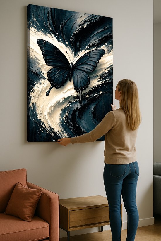 Peinture en ligne - Papillon Abstrait Noir Blanc - 60x40 cm - Art abstrait - Décoration maison salon - Tableaux muraux cuisine - Accessoires de décoration murale - Intérieur chambre