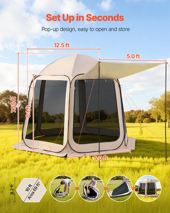 VEVOR Campingtent, 304,8 x 280,4 cm, pop-up tent met uitschuifbare luifel, draagbare partytent voor 4-8 personen met draagtas en zijwanden, voor terras en buitenactiviteiten, beige van Merkloos — afbeelding 2