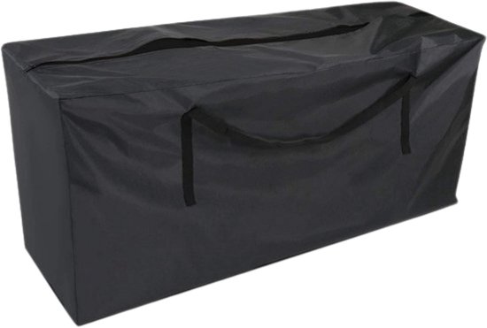 Zwarte, rechthoekige opbergtas met handvatten.