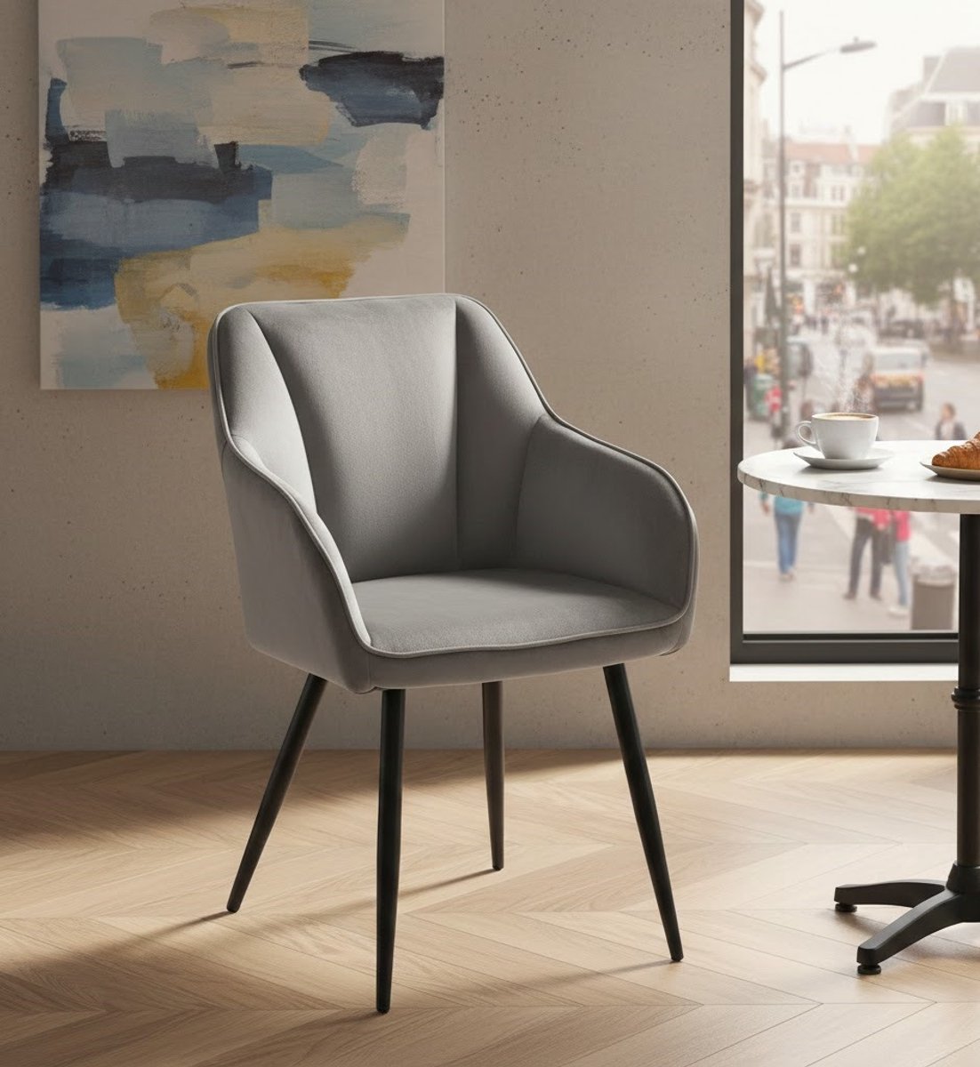 Velora Luxe Fluwelen Eetkamerstoel met Armleuningen – Set van 2 – Grijs – Retro Design met Metalen Poten Casa Serena – Afmetingen op aanvraag – Casa Dorada
