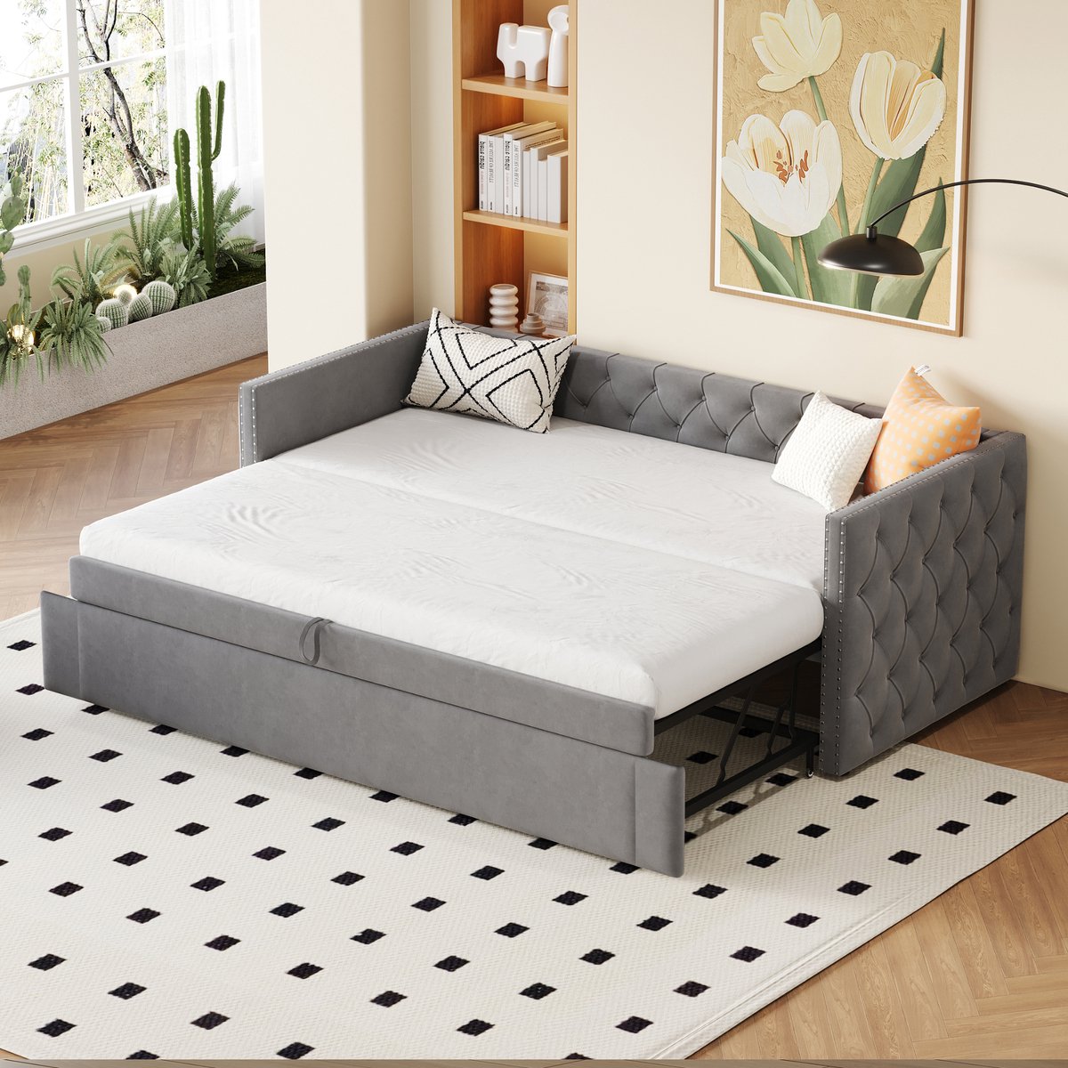 HAUSS SPOLE Gestoffeerd Slaapbankbed 90x200cm - Uitschuifbaar Logeerbed Met Lattenbodem - Zonder matras - Fluweel - Grijs