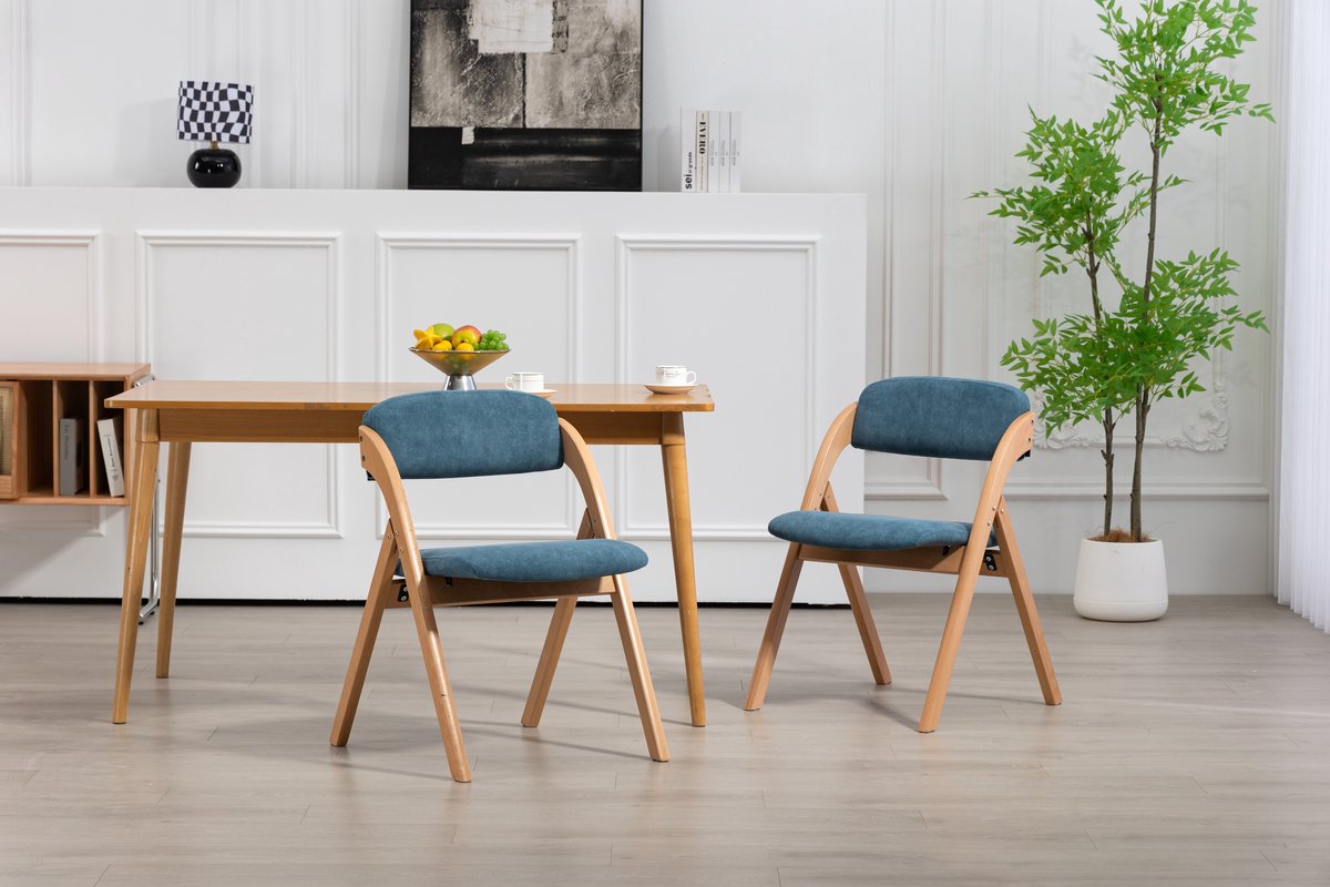 HAUSS SPOLE Eetkamerstoel – Opvouwbare Houten Stoelen Set Van 2 – Gestoffeerde Zitting Met Afneembare Hoes – Voor Keuken En Feest – Massief Hout Blauw