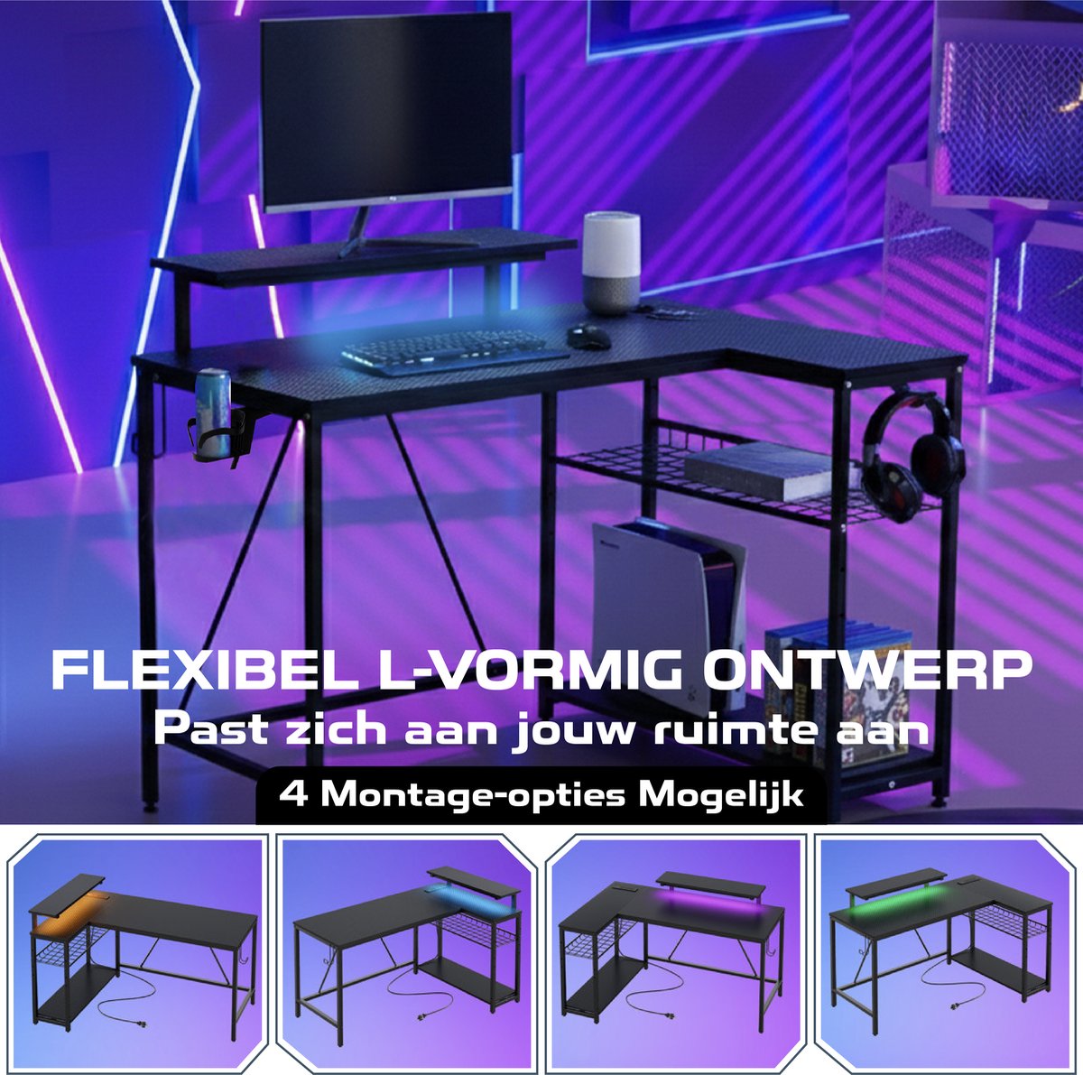 ADSafety L-Vormig Hoekbureau - 107x80x76 cm - Game Bureau met LED verlichting - Zwart Carbon - Gaming Bureau - Bureautafel - Computertafel thumbnail 5