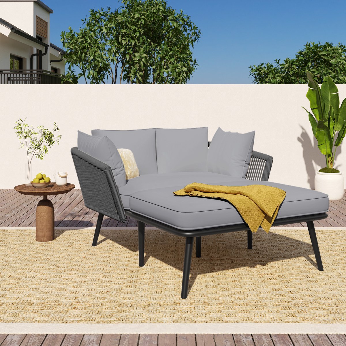 HAUSS SPOLE Tuinbank Ligbed Met Kussens - Verstelbare Loungesofa Voor Balkon En Terras - Polyester - Grijs