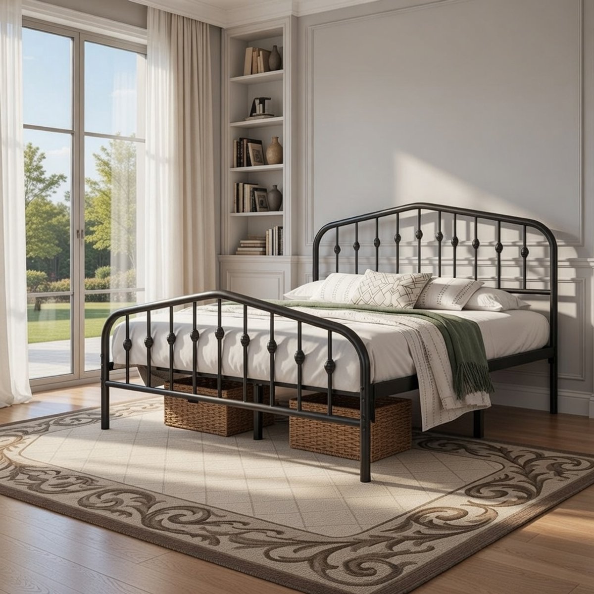 Vintage Metalen Bed 160x200 cm – Stijlvol Kroonvormig Hoofdeinde, Robuust en Stabiel Tweepersoonsbed, Piepvrij & Eenvoudige Montage, Zwart Casa Serena