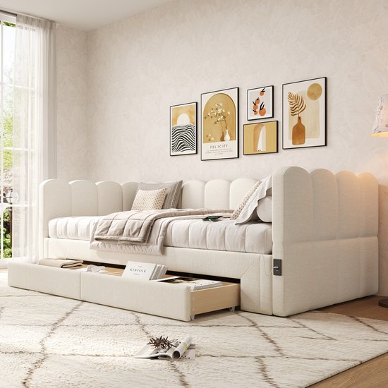 REDOM Uitschuifbaar Daybed – 90x200 cm tot 180x200 cm – Met 2 Opberglades – USB & Type-C – Linnen – Beige