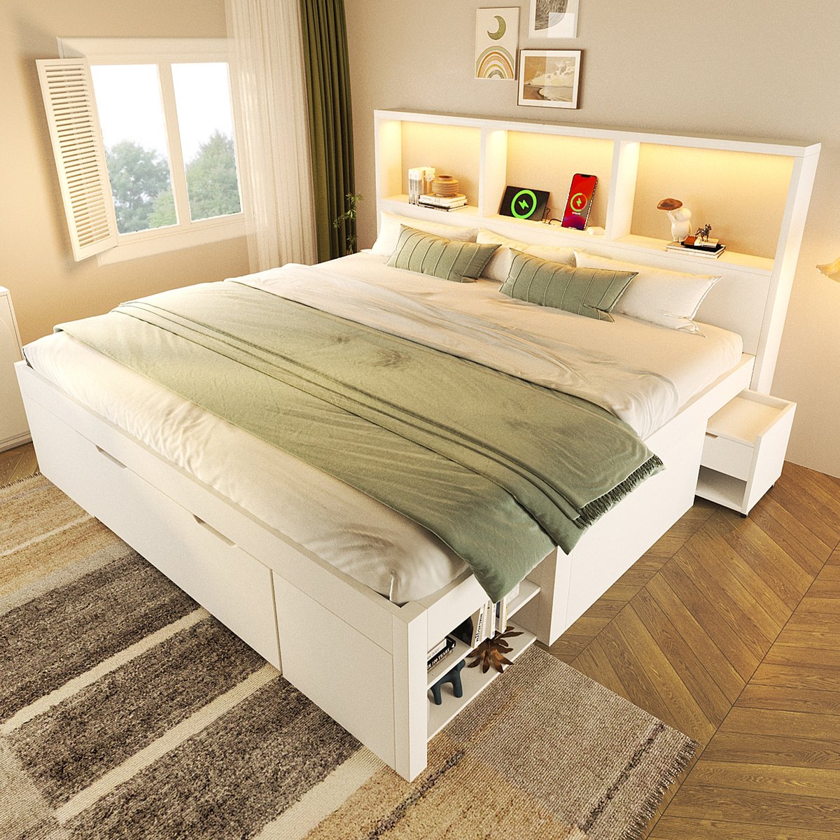 REDOM Bedframe – 140x190 cm – Met Opbergruimte & Verrijdbaar Nachtkastje – LED – USB & USB-C – Hout – Wit