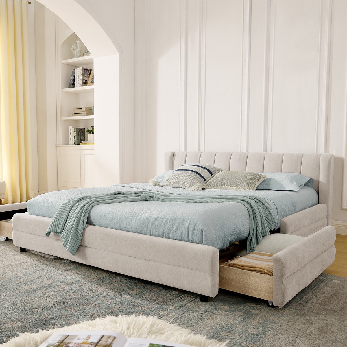 REDOM Tweepersoonsbed 140x200 cm – Chenille Beige – 4 Ruime Lades (Links/Rechts Plaatsbaar