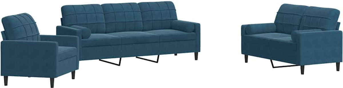 vidaXL - 3-delige - Loungeset - met - kussens - en - bolsters - fluweel - blauw