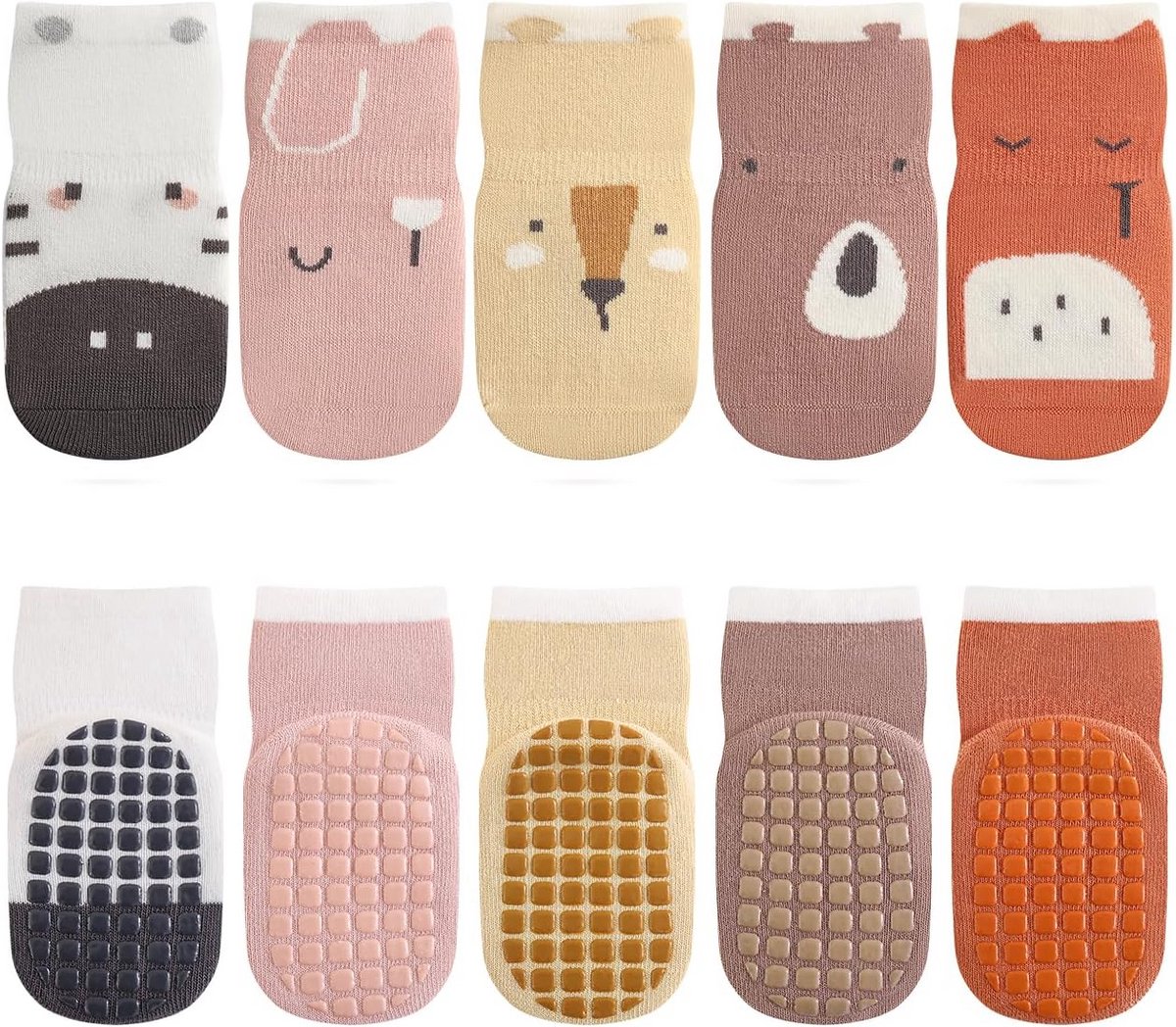 5 of 10 Paar Baby & Peuter Antislip Sokken met Stoppers - Katoenen Enkelsokken met Dierenprint