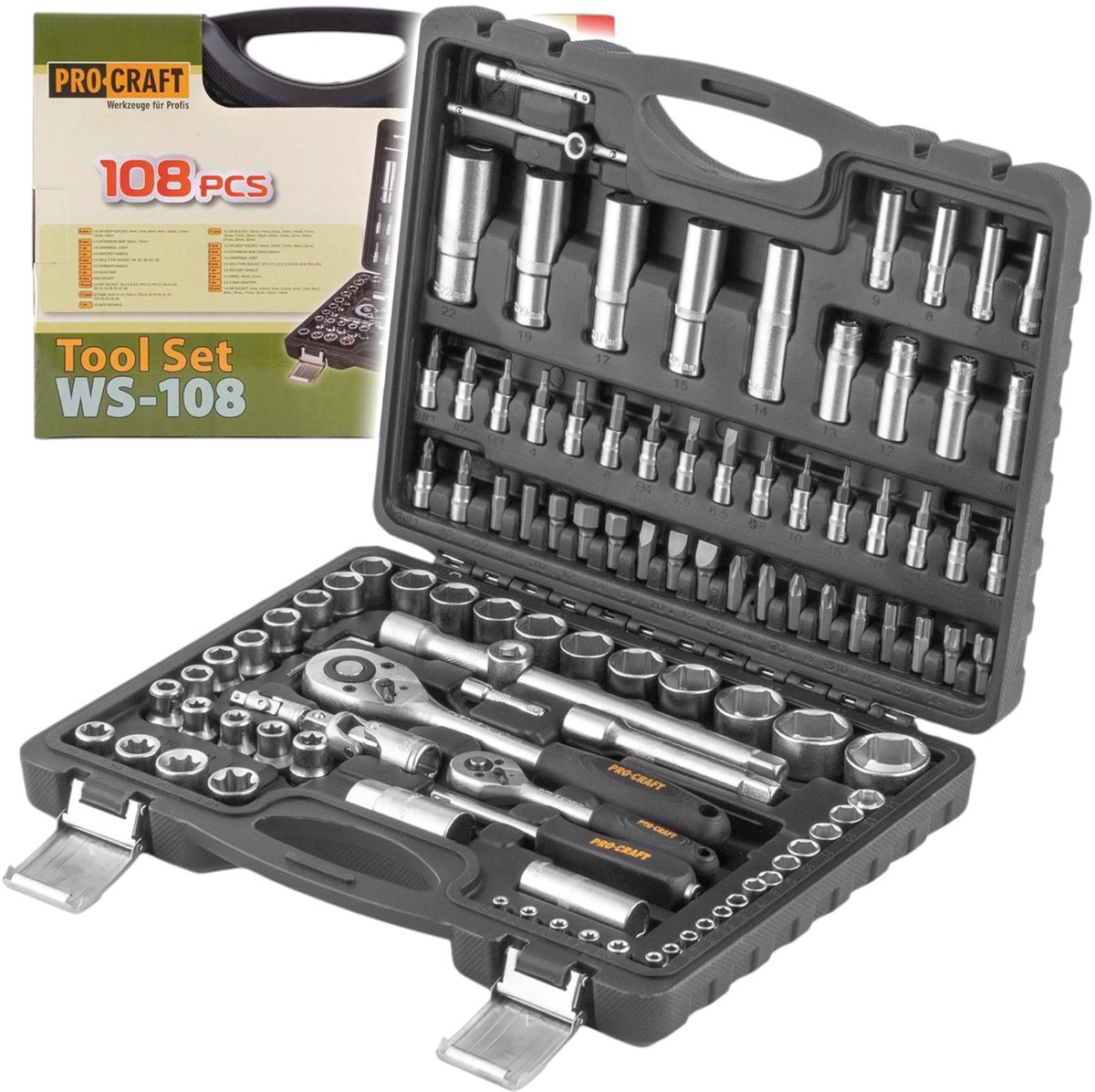 Procraft WS-108 dopsleutelset 108-delig. 1/4" / 1/2" ratel / sleutel / dopsleutel / bits + koffer