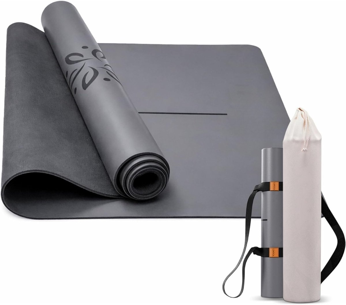 Non-Slip Yogamat met Uitlijningslijnen voor Vrouwen en mannen - Rubber Fitness Mat Inclusief tas en draagriem - Grote oefenmatten voor Pilates, Workout, Home Gym, Travel and Sports - Grijs