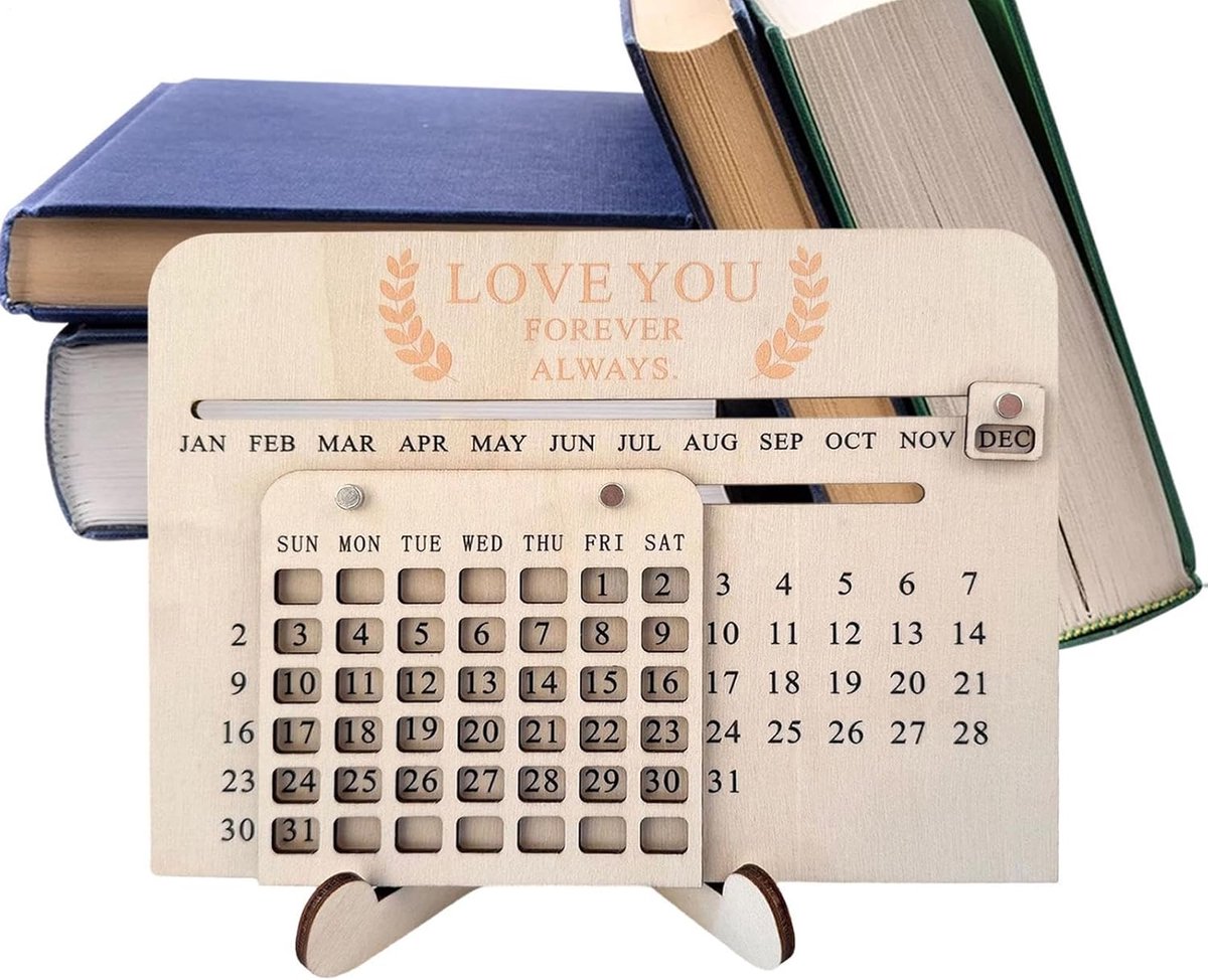 Houten Kalender - Tijdregistratie Bord - Decoratief Middelpunt - Schuifmechanisme Datum - 20 x 18 cm - Natuurlijk Hout