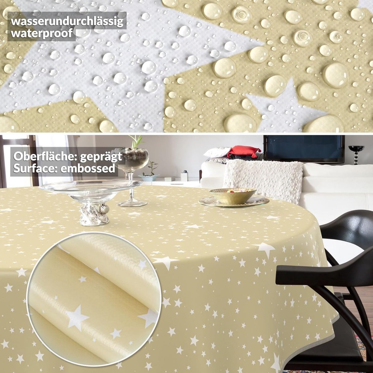 Rond Tafelkleed Waterafstotend Afwasbaar Ronde Tafelmat 140 cm Beige Sterrenprint