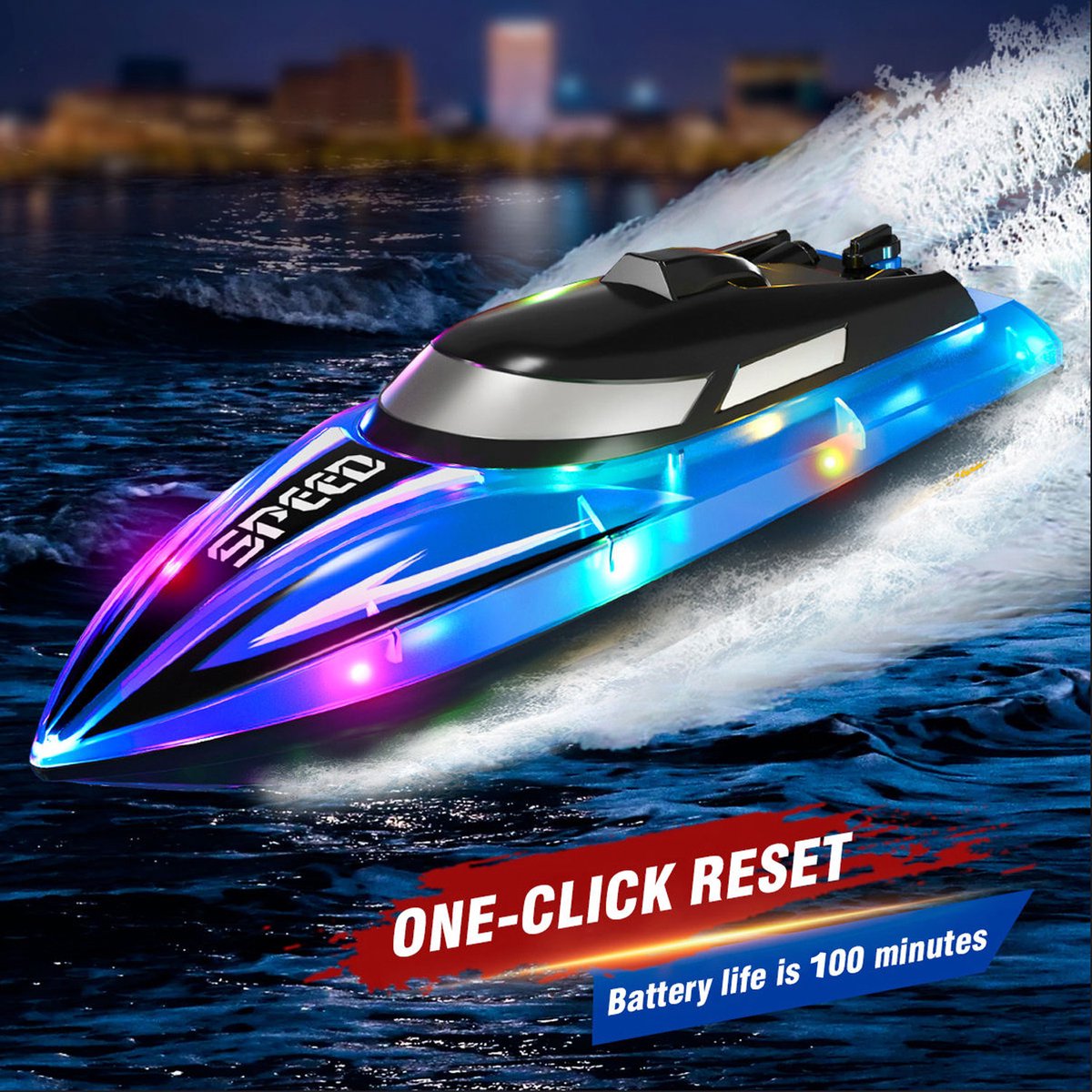 RC boot met LED - Afstandsbediening boot voor zwembad en vijver - 100 minuten speeltijd & 100 meter bereik - Geheel waterdicht met low battery alarm - 2.4Ghz oplaadbaar waterspeelgoed voor kids & volwassenen - Blauw