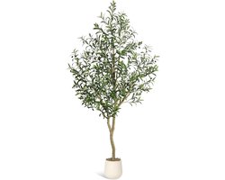 Groene planten - Kunstplanten - Kunstmatige olijfboom van 2,1 meter hoog - Kunstmatige olijfboom met pot - Kunstplant met een stam van natuurlijk hout en levensechte vruchten - 210 × 45 × 45 cm