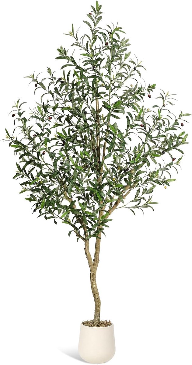 Groene planten - Kunstplanten - Kunstmatige olijfboom van 2,1 meter hoog - Kunstmatige olijfboom met pot - Kunstplant met een stam van natuurlijk hout en levensechte vruchten - 210 × 45 × 45 cm