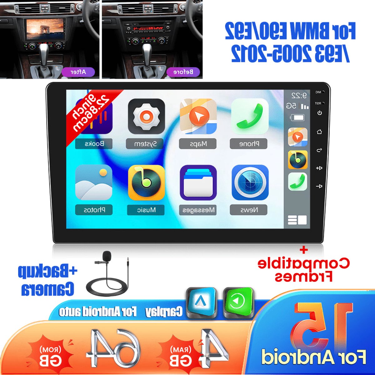 Autoradio – Car Radio – Multimedia Speler – 2-DIN Radio – Auto Entertainment – Android 15 Systeem – 9 Inch Touchscreen – Draadloos CarPlay & Android Auto – AHD Achteruitrijcamera