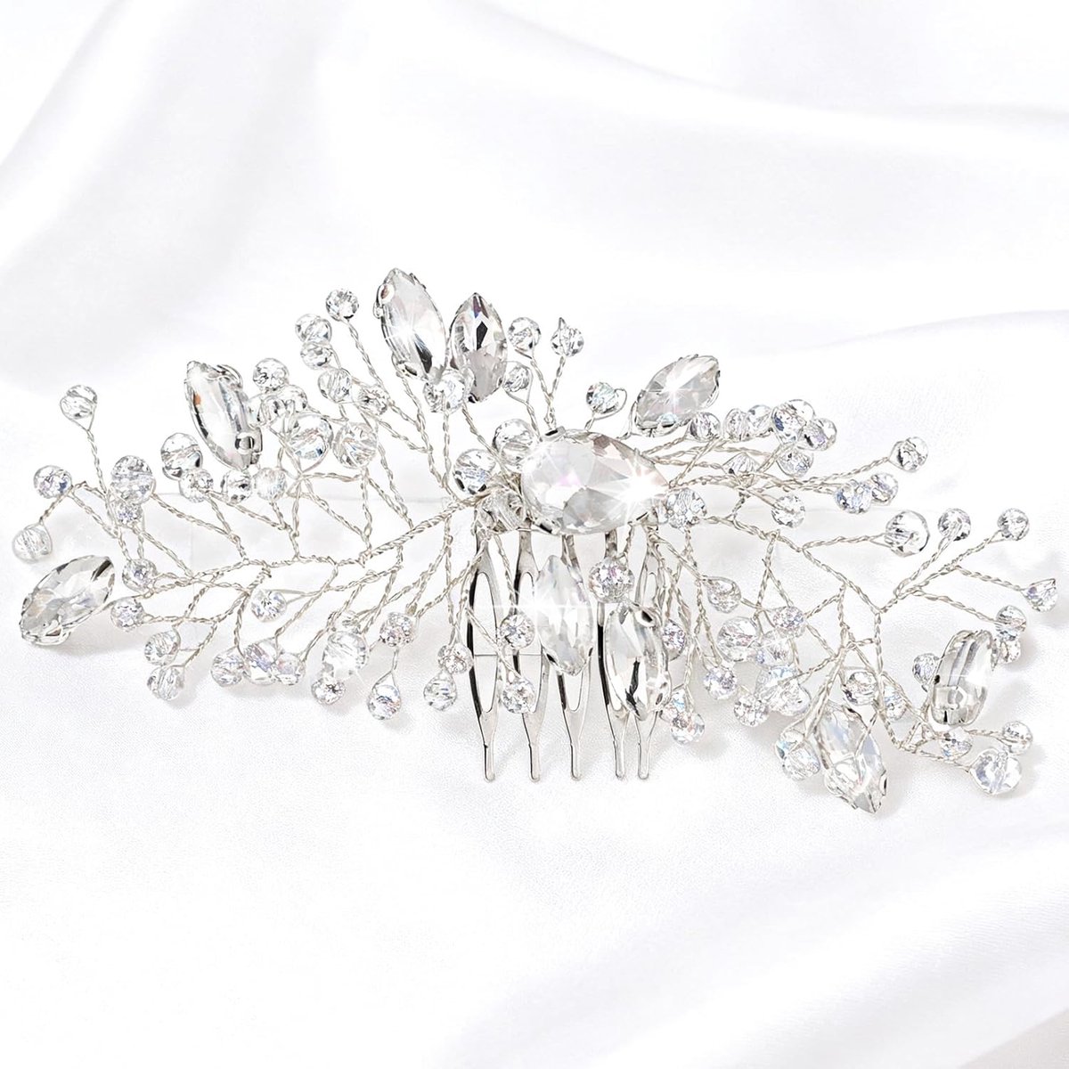 Bruidshaarkam - Haarsieraad Bloem - Feestelijk Kapsel - Zilveren Kristallen - 135 cm - Zilver