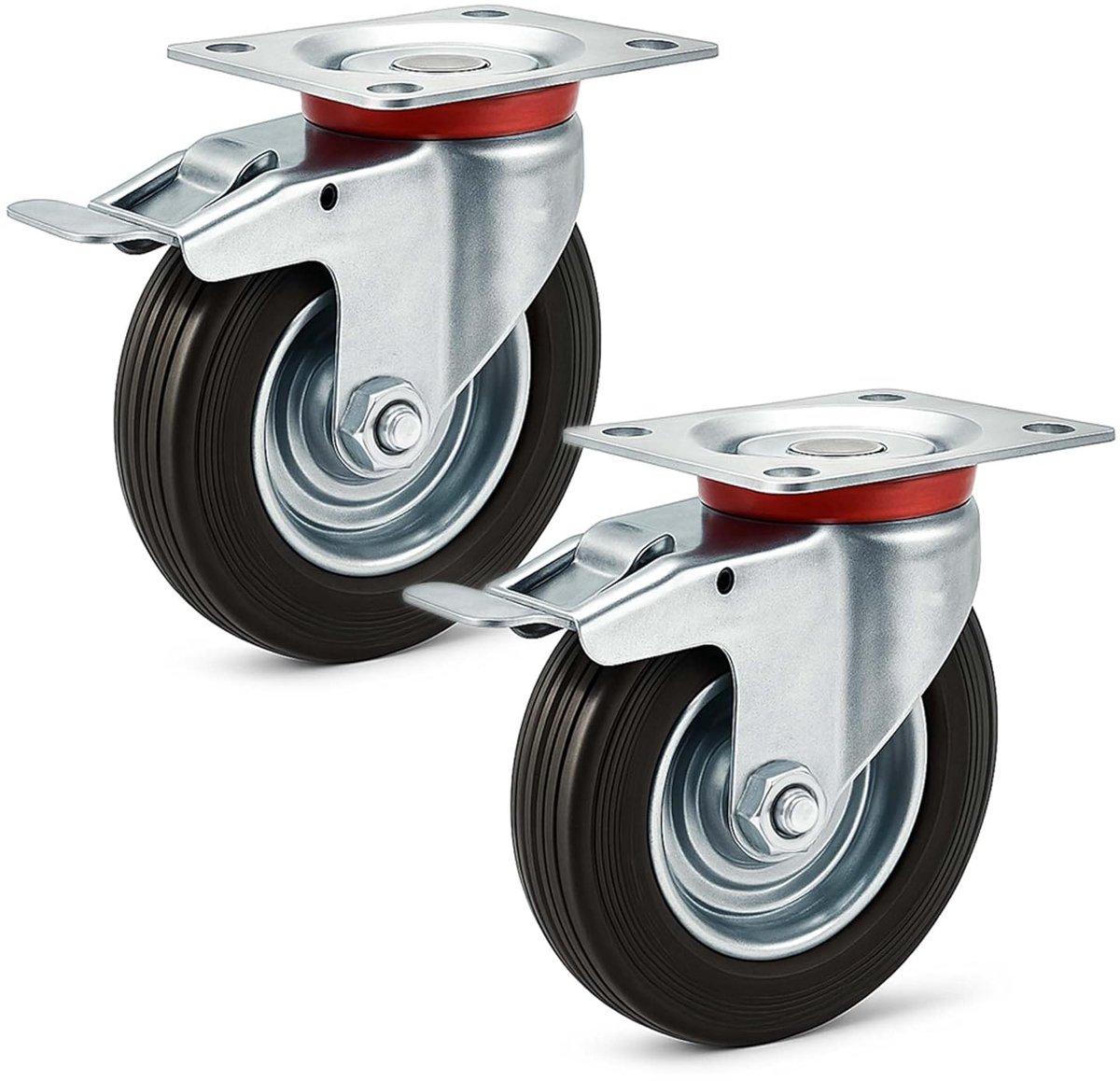 Zwenkwielen Dubbel Geremd - Transportwielen Rubber - Zwaar Transport - 130kg Draaglast Per Wiel - 160 mm Diameter