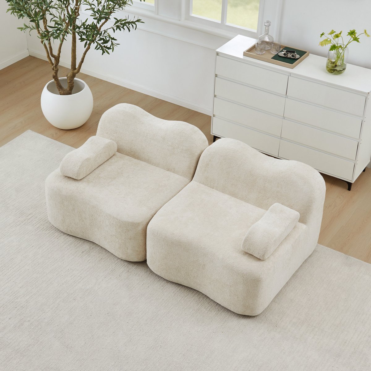 STILVORA Hoekbank 2-Zits - Modulair En Frameloos - Diepe Zitting Met Hocker - Voor Woonkamer En Appartement - Velvet Beige