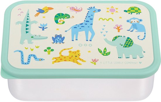 Boîte à lunch en acier inoxydable avec couvercle vert clair et imprimé d'animaux de la jungle: girafe, éléphant, crocodile, lion, singe.