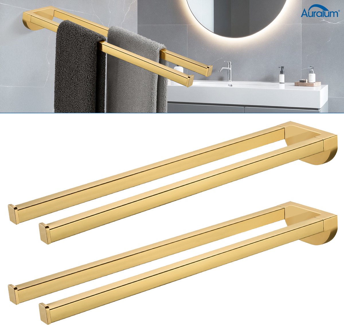CECIPA max Handdoekrek Zonder Boren Goud 42 CM - 2 stuks - Handdoekhouder - Handdoekenrek Badkamer of Keuken - Handdoekstang Zelfklevend - Handdoekhouders RVS