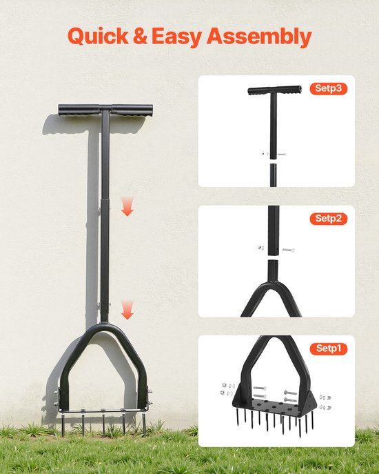 VEVOR Gazonbeluchter 23,5cm Handmatig, Gazonbeluchter met 15 Ijzeren Pinnen, Lange T-handgreep, Brede Plaat, Grondbeluchtingsgereedschap, Gazonbeluchter voor Verdichte Grond, Gazonverzorging, Tuin, Zwart — afbeelding 5