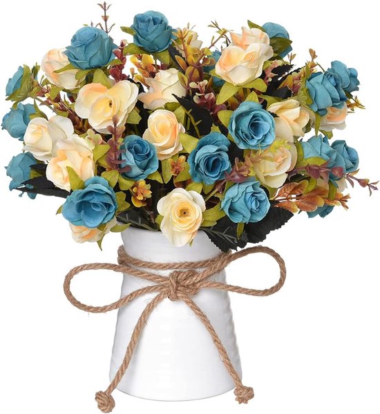 Kunstbloem in Vaas - Zijden Bloemen - Woondecoratie - Levensechte Details - 36.8cm Hoog - Blauw