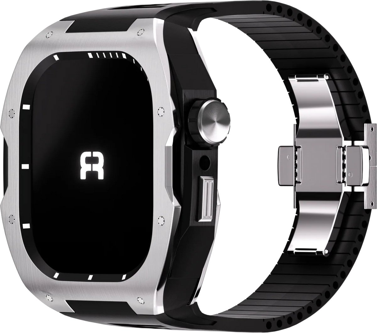 Reqior Case met rubberen bandje Rubber – geschikt voor Apple Watch 7 45mm / Apple Watch 8 45mm / Apple Watch 9 45mm – stevig, comfortabel – Silver
