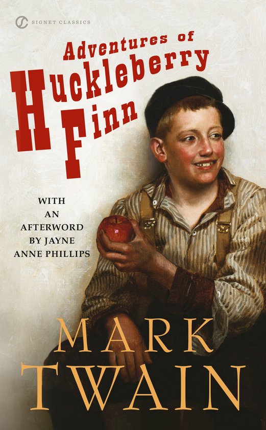 Boekomslag 'Adventures of Huckleberry Finn' door Mark Twain, met een jongen met pet en een appel.