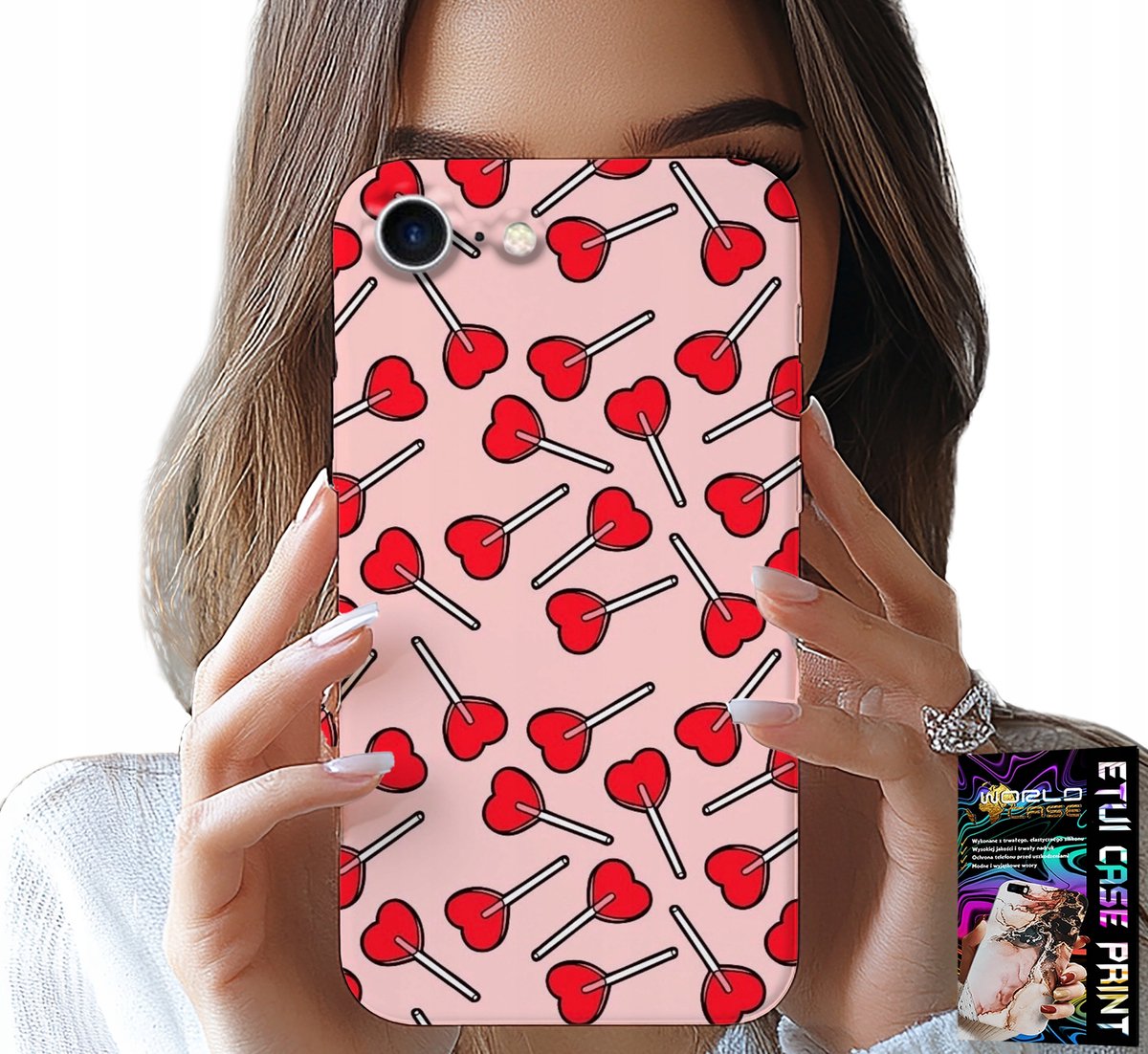 HOESJE VOOR IPHONE 7 / 8 / SE2 - VROUWELIJK, MODIEUS PATROON MET LOLLIPOPS IN HARTJES