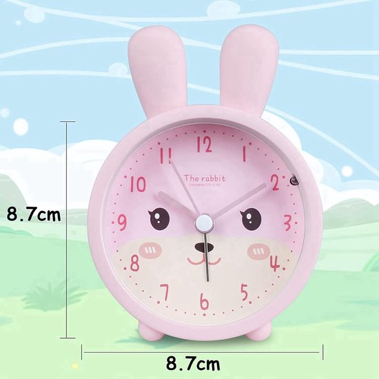 Kinderwekker Konijn - Stille Analoge Klok - Slaapkamer Educatie - Geruisloos Lichtfunctie - 11x10x9 cm - Roze — afbeelding 3