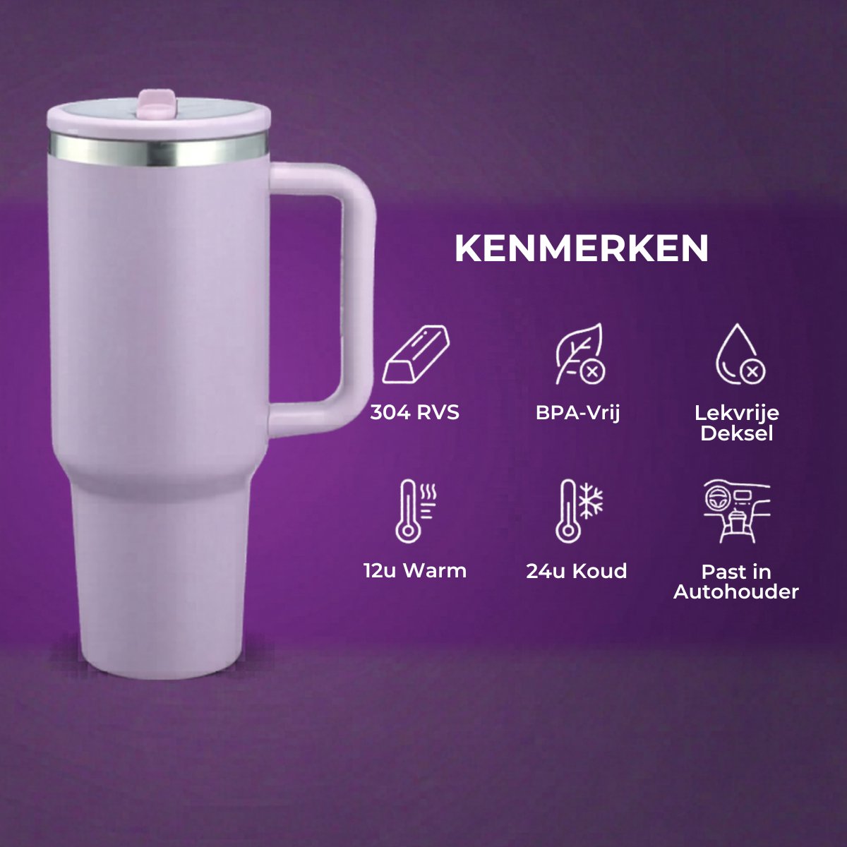 Thermosbeker 40 oz (1,2 Liter) met Rietje - RVS Tumbler - Lavender - Travel Mug - Isoleerbeker voor Koude en Warme Dranken - Lekvrij Design - Roestvrij Staal – foto 6