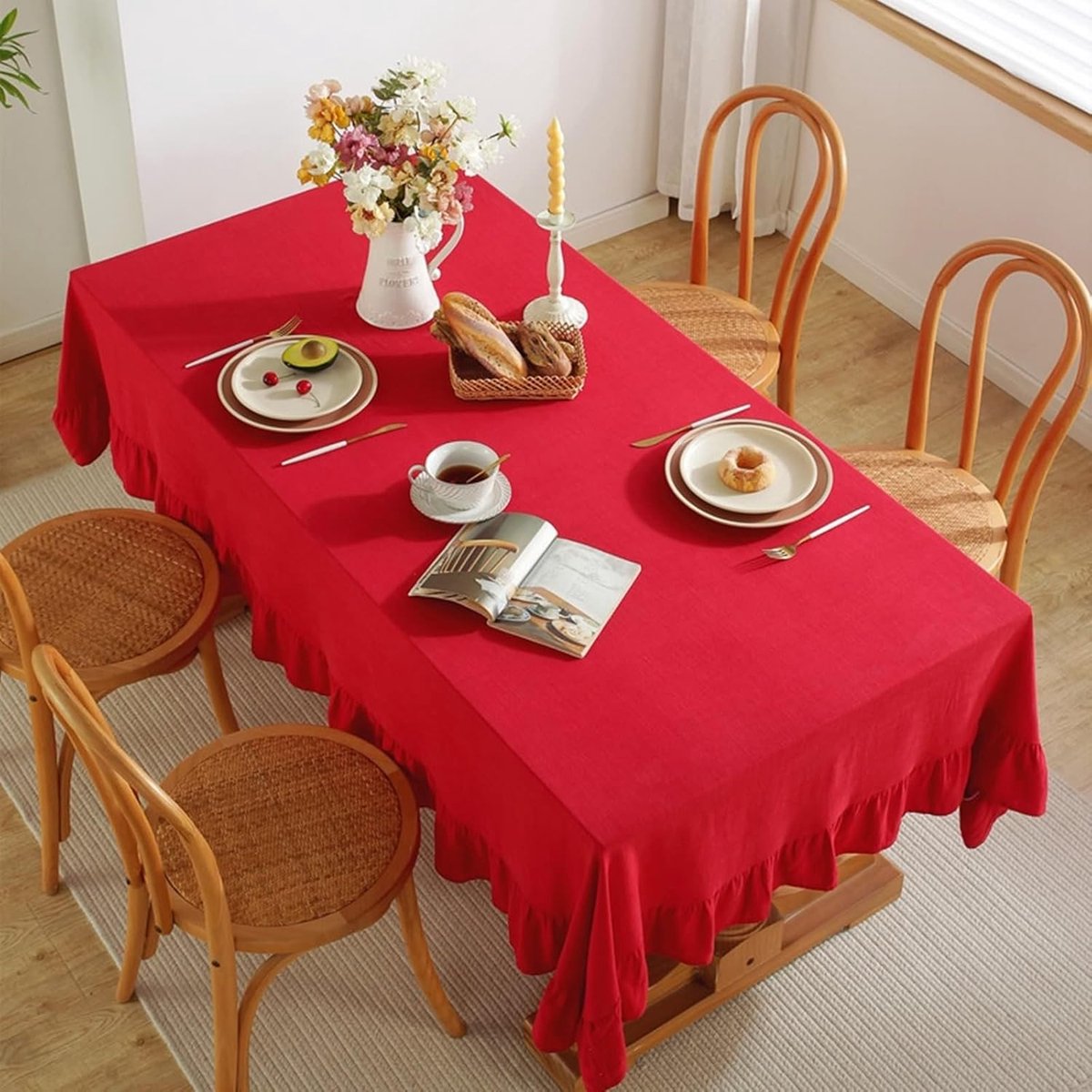Tafelkleed Afwasbaar - Katoen Linnen - Eettafel Beschermen - Met Ruches - 150 x 200 cm - Rood