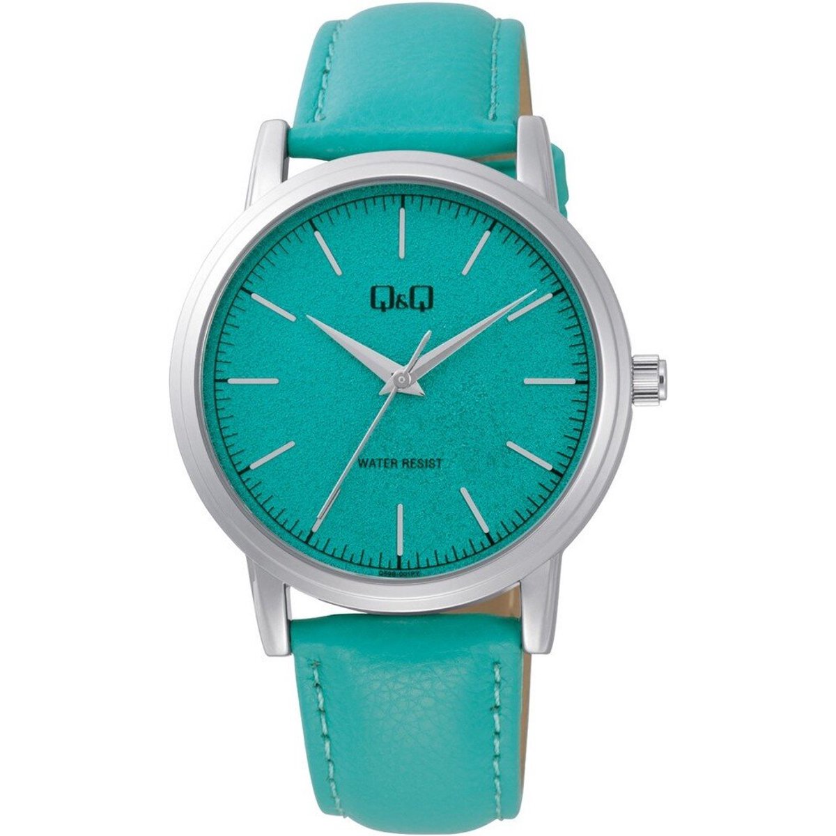 QQ Q59B-001PY - Horloge - Polshorloge - Analoog - Heren - Mannen - Leren band - Rond - Metaal - Streepjes - turkoois blauw - Zilverkleurig