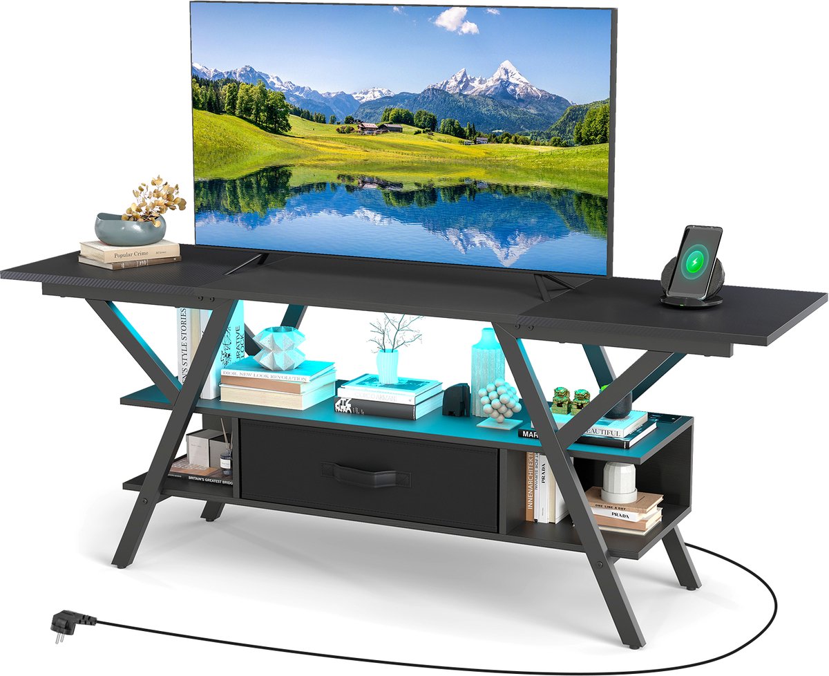 COSTWAY TV-standaard met ledlampen en USB + Type-C stopcontacten, lowboard voor 65 inch televisie, 3-traps entertainmentcentrum, consoletafel met opbergvakken en stoffen lade (zwart)