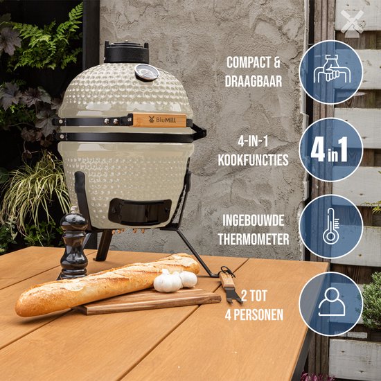 BluMill Kamado BBQ Egg - Kamado 13 Inch - Houtskoolbarbecues - Beige - Ø 27 cm - Houtskoolbarbecue Met Thermometer van BluMill — afbeelding 4