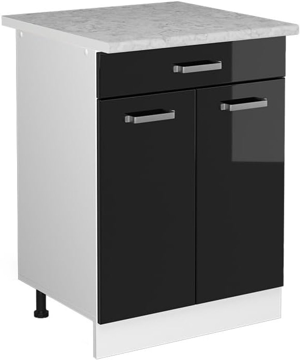 Keukenonderkast met lade - Keukenmodule - Keukenopslag - Verstelbare poten - 60 cm breed - Zwart hoogglans