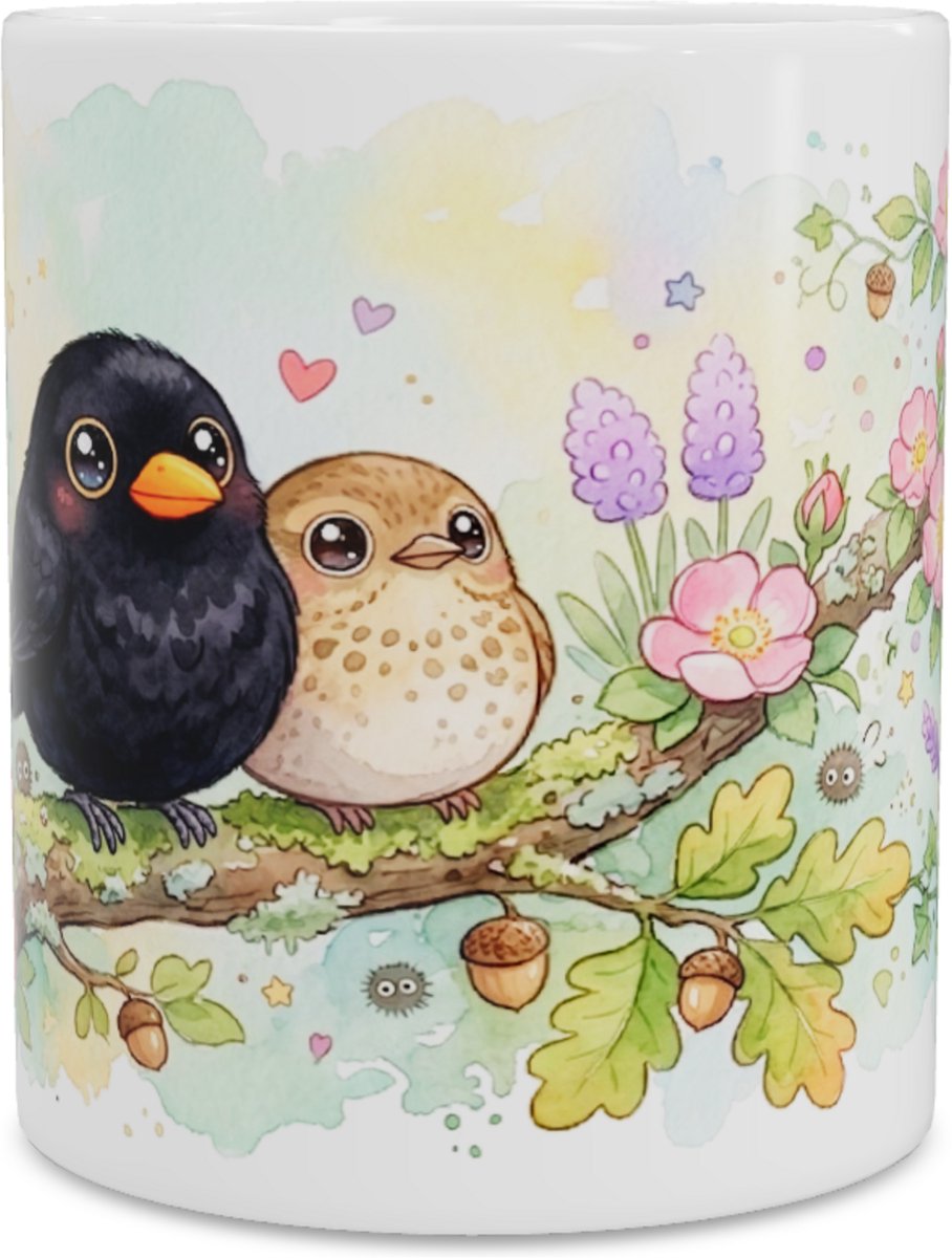 Lieve Merel Koppel Mok met Twee Vogeltjes op een Tak met Bloesem - Kawaii Series - Romantische Koffiemok Theebeker Cadeau voor haar: Vrouw, Vriendin of Collega - Sfeervol voor op Kantoor of de Thuiswerkplek - Schattige Natuur Beker